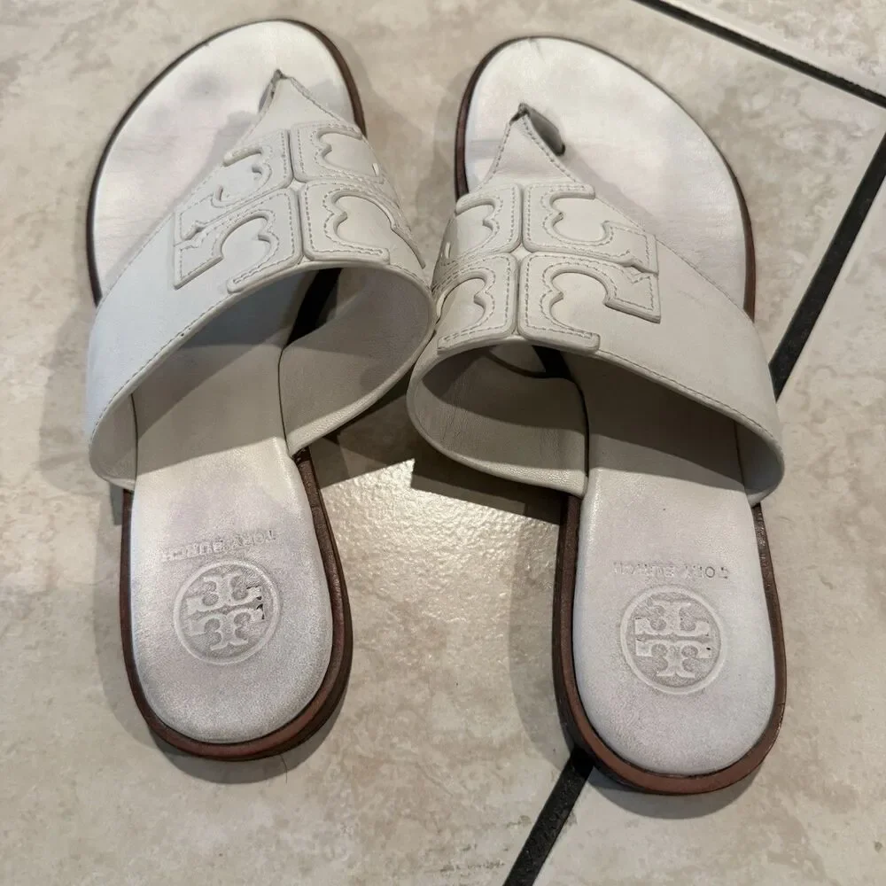 Tory Burch Jamie Dulce De Leche Full T Logo Thong Full Leather Sandals